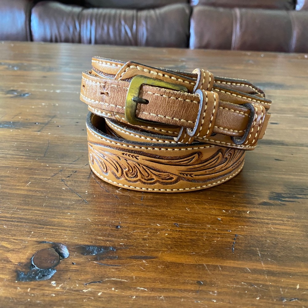 VTG Dan Dee Unisex Western Tooled Full Grain Leather Belt Brown Floral Size 40